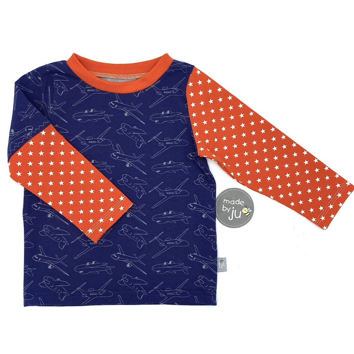 SHIRT langarm  86/92 – Flugzeuge blau/orange (Baumwolljersey, groß geschnitten)